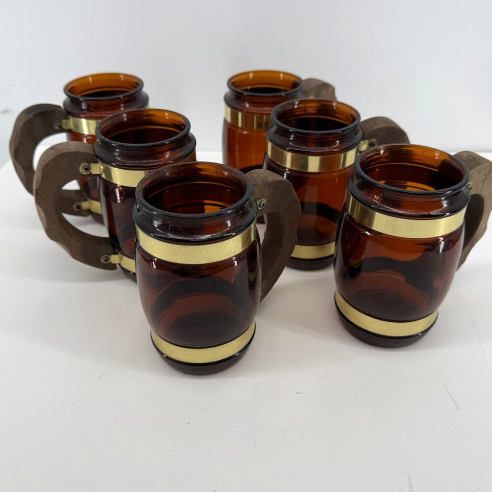 Siesta Ware Amber Glass Barrel Beer Mugs Set of 6 Brass Bands Wood Handles 4.5"